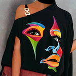 Original Asymmetric One Shoulder Face Printed Blouse Tunic Top