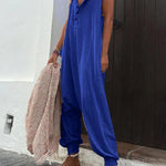 Hooded Loose Buttoned Solid Color V-neck Jumpsuits