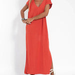 Nadorine Women's Casual V-neck Short Sleeve Loose Fit Slit Dress