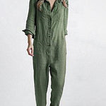 Nadorine Women's Casual Lapel Pocket Long Sleeve Solid Color Cotton Jumpsuit