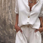 Linen Blend Solid Color Button Lapel Short Sleeve Shirt and Casual Pocket Shorts Set