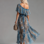 Stylish And Elegant Off-the-shoulder Short-sleeved Leopard Print Chiffon Maxi Dress