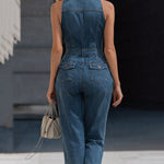 Denim Halter Neck Zip-Front Cropped-Leg Jumpsuit