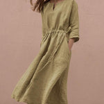 Nadorine Women's Cotton And Linen V-Neck Lace up Pocket 3/4 Length Sleeve Summer Dresses
