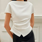 Loose Raglan Sleeve Asymmetric Pleated Solid Color Split-Joint Round-Neck T-Shirts