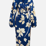 Loose Puff Sleeves Floral Printed Pleated Split-Joint V-Neck Midi Dresses