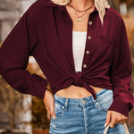 Loose Pocket Lapel Button Textured Blouse