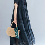 Vintage Loose Split-Joint Pleated Short Sleeves Round-Neck Midi Dress