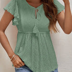 Nadorine Eyelet Tie-Neck Flutter-Sleeve Top Solid Color Casual Blouse for Women Casual Work Office Loose Fit 2026 | Under $40