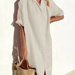 Turn-Down Collar Short Sleeve Single Breasted Loose Shirt Dress Solid Color Summer Beach Dresses