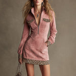 Western Retro Long-Sleeved Leopard Print Pink Faux Suede Mini Dress