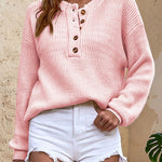 Waffle Knit Button V Neck Sweater Casual Long Sleeve Knit Pullover