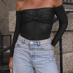 Garcelle Mesh Twist Sequin Bardot Neck Long Sleeve Stretch Top