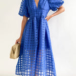 Nadorine Women's Deep V Neck Short Puff Sleeve Plaid Midi Dress Elegant Button Front Beach Flowy Dress