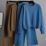 Urban Loose Long Sleeves Solid Color Round-Neck High-Low Sweater Tops & Wide Leg Pants Suits