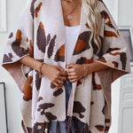 Fashionable Leopard Print Contrast Tassel Hem Loose Knitted Shawl