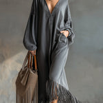 Elegant Silhouette Grey Denim Tassel Long Sleeve Maxi Dress