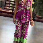 Unique Printed V-Neck Sleeveless Waist Tie Jumpsuit