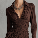 Women's Vintage Brown Milk Silk Shirt With Ruffled Collar And Bodycon Skirt