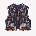 Nadorine Women's Buttonless Retro Ethnic Style Embroidered Vest Sleeveless Cardigan Crop Top