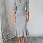 Bodycon Elasticated Waist Interlace Solid Color Split-Joint Split-Side Deep V-Neck Midi Dresses