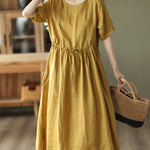 Retro Stitching Dress High Waist Lace Up Swing Skirt Knee Long Dresses