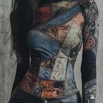 Irregularity Long Sleeves Contrast Color Printed Split-Joint Half Turtleneck Blouses&Shirts Tops