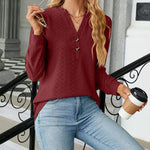 Solid Color V-Neck Buttoned Jacquard Loose-Fitting Long-Sleeved T-Shirt Top