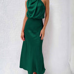 Long Formal Satin Dress Mock Neck High Neck Evening Dress