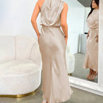 Long Formal Satin Dress Mock Neck High Neck Evening Dress