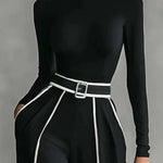 White Trim High-neck Long-sleeved Top With Wide-leg Pants and Belt Set