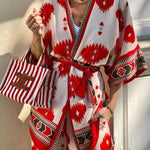 Pop of Red Ethnic Print Belted Kimono and Elastic Waist Pocket Cropped Pants Set