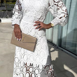 Romantic, Sensual and Elegant Crochet Lace Lantern Sleeve Party Midi Dress