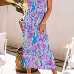 Purple Fluorescent Printed Round Neck Sleeveless Maxi Dress