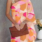 Batwing Sleeves Hollow Printed One-Shoulder Mini Dresses