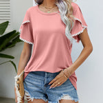 Pom-Pom Trim Flutter Sleeve Round Neck Tee Casual Blouses Tops
