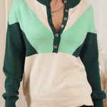Geometric Color Block Knit Button V Neck Sweater