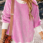 Bright Pink Striped Contrast Trim Loose Sweater