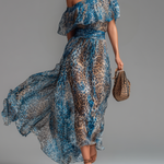 Stylish And Elegant Off-the-shoulder Short-sleeved Leopard Print Chiffon Maxi Dress