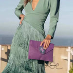 French V-neck long-sleeved tassel evening gown