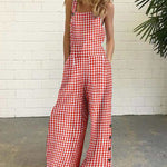Sleeveless Overalls Jumpsuit Casual Plaid Print Summer Wide Leg Bib Jumpsuits