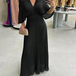 Deep V-Neck Batwing Sleeve High Waist Pleated Maxi Dress Casual Cinched Waist Backless Tied Detail Zipper Back Evening Dress