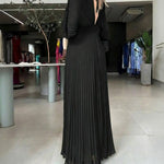 Deep V-Neck Batwing Sleeve High Waist Pleated Maxi Dress Casual Cinched Waist Backless Tied Detail Zipper Back Evening Dress