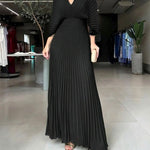 Deep V-Neck Batwing Sleeve High Waist Pleated Maxi Dress Casual Cinched Waist Backless Tied Detail Zipper Back Evening Dress