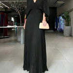Deep V-Neck Batwing Sleeve High Waist Pleated Maxi Dress Casual Cinched Waist Backless Tied Detail Zipper Back Evening Dress