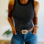 Rhinestone Decor O-neck Sleeveless Tee Slim Fit Ribbed Tank Top
