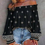 Vintage Tribal Placement Print Shirred Off Shoulder Flared Cuffs Blouse Casual Frill Trim Boho Top