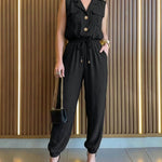 Notched Collar Sleeveless Button Front Stretchy Drawstring Waist Overalls Casual Flap Pockets Design Cuffed Jumpsuit