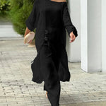 2 Pieces Outfit Button Decor One Shoulder Turn-Up Sleeves Slit Raw Edges Top and Casual Drawstring Elastic Waist Wide Leg Pants Set