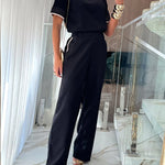 2 Pieces Outfit Short Sleeve Pullover Top and Elastic Waist Wide Leg Pants Set Casual Contrast Paneled Set